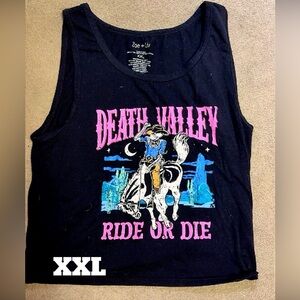 Zoe + Liv Black Tank with Pink and Blue Graphic. Fits more like a large